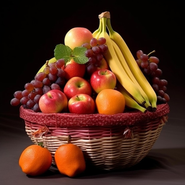 Photo groupe de différents fruits frais mûrs dans un panier en osier de bois