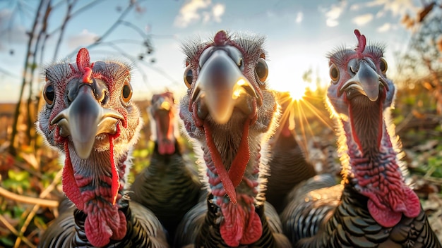 Un groupe de dindes debout étroitement ensemble mettant en valeur leurs belles plumes et leurs caractéristiques uniques