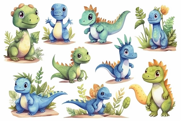 un groupe de dinosaures de dessins animés avec différentes poses et couleurs IA générative