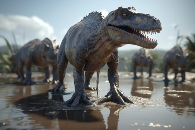 Un groupe de dinosaures se tient dans une flaque d'eau.