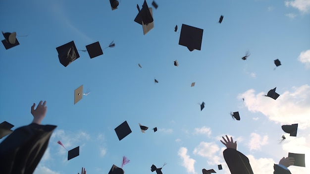 Groupe de diplômés jetant des casquettes en l'air