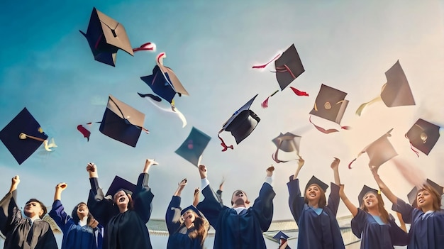 un groupe de diplômés jetant leurs casquettes en l'air