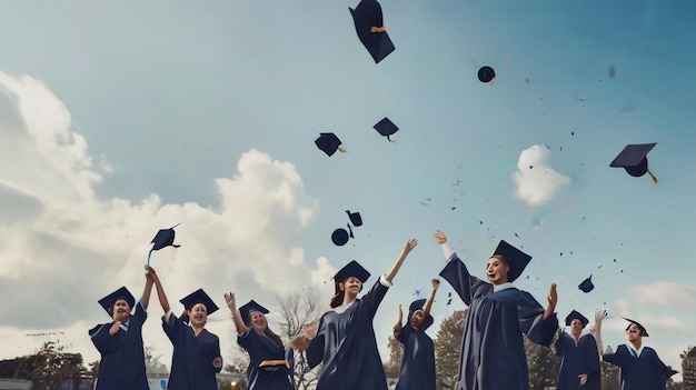 un groupe de diplômés jettent leurs casquettes en l'air