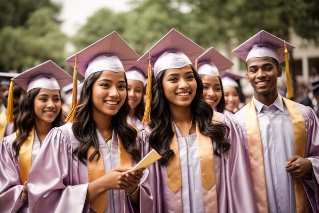 Photo un groupe de diplômés réussis, heureux et souriants générés par l'ia.