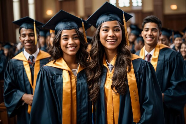 Photo un groupe de diplômés réussis, heureux et souriants générés par l'ia.