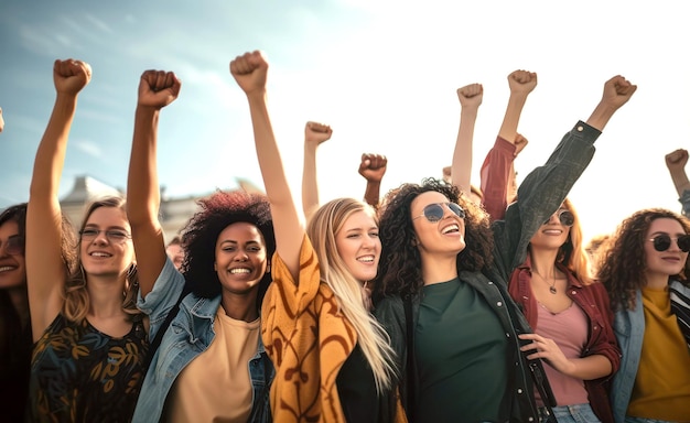 Un groupe divers de jeunes femmes lèvent les poings pour la Journée internationale de la femme le 8 mars pour le féminisme, l'indépendance, la liberté, l'autonomisation et l'activisme pour les droits des femmes.