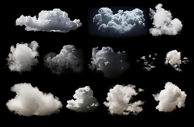 un groupe de divers nuages sur fond noir
