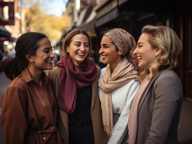 Groupe de diverses femmes qui parlent et rient dans la rue Femmes Communauté Amitié et cohésion