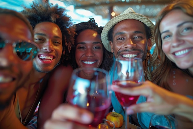 Un groupe diversifié d'amis partage un moment de selfie joyeux célébrant la communauté avec des sourires brillants et du vin