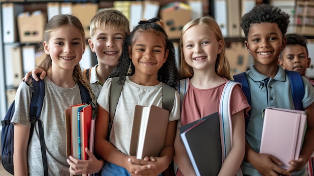 Groupe diversifié debout en classe Sacs à dos amp Notebooks prêts