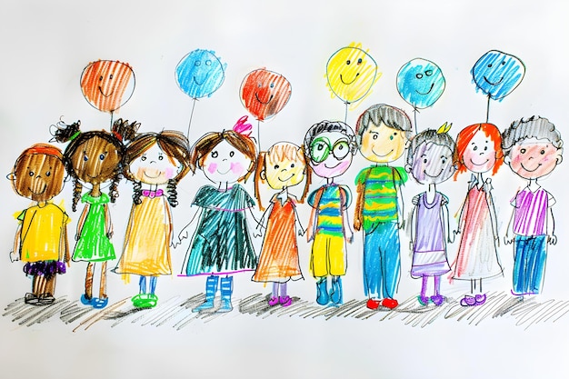 Un groupe diversifié de dessins d'enfants au crayon célébrant le multiculturalisme sur blanc Concept Diversité Drawings d'enfants39 Le multiculturalisme Célébration de l'art au crayon