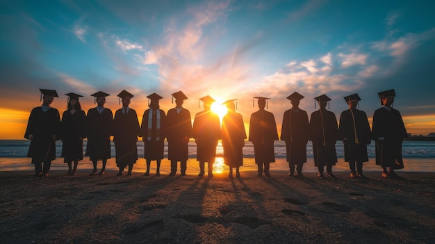 Un groupe diversifié de diplômés debout devant le coucher du soleil sur la plage