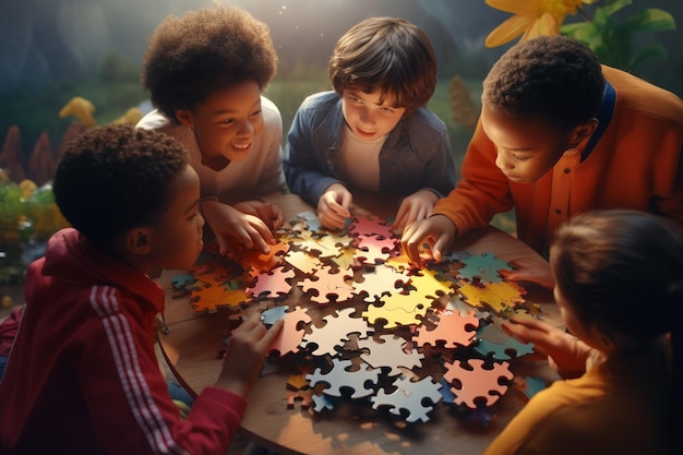 Un groupe diversifié d'enfants assemblant un puzzle