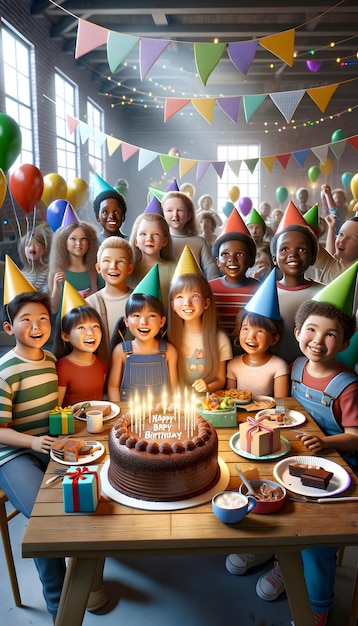 Un groupe diversifié d'enfants en chapeaux de fête célèbre avec un gâteau d'anniversaire cadeaux et décorations