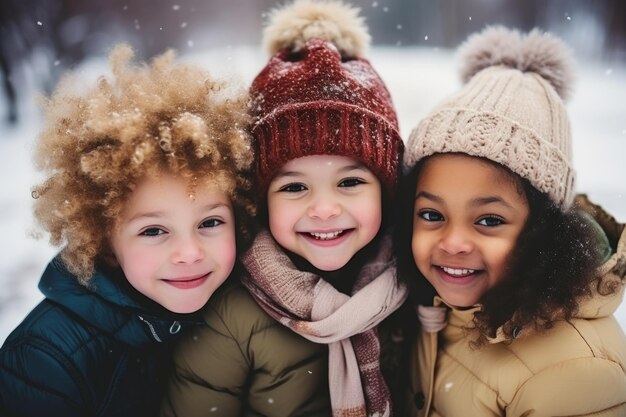 Un groupe diversifié d'enfants excités rient et apprécient le patinage sur une patinoire extérieure animée.