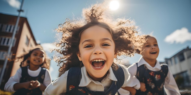 Un groupe diversifié d'enfants jouant joyeusement dans l'aire de jeux de l'école sous un ciel ensoleillé Concept École aire de jeux Sunshine Diverse Group Enfants heureux Activités ludiques