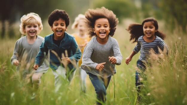 Groupe diversifié d'enfants multiethniques joyeux et amusants jouant à l'extérieur