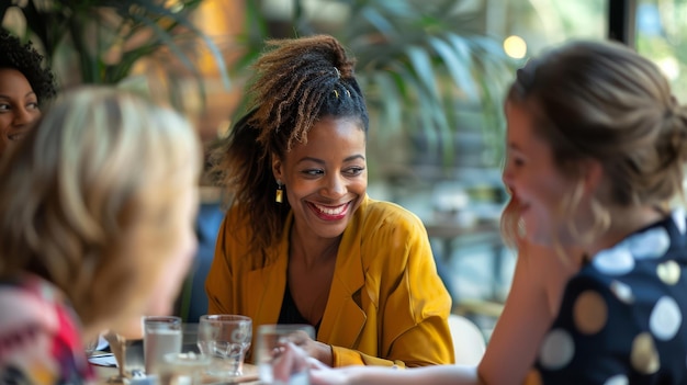 Un groupe diversifié de femmes engagées dans une conversation autour d'une table en bois dans un cadre confortable