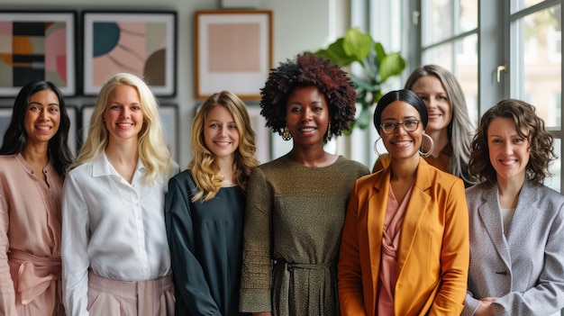 Un groupe diversifié de femmes professionnelles posant dans un bureau