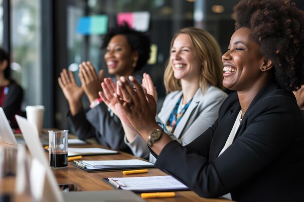 Photo un groupe diversifié de femmes sont assises à une table applaudissant énergiquement à l'unisson. des collègues positifs applaudissent après une réunion réussie dans une salle de conférence.