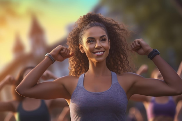 Groupe diversifié de filles en séance de remise en forme en plein air Soins de santé préventifs