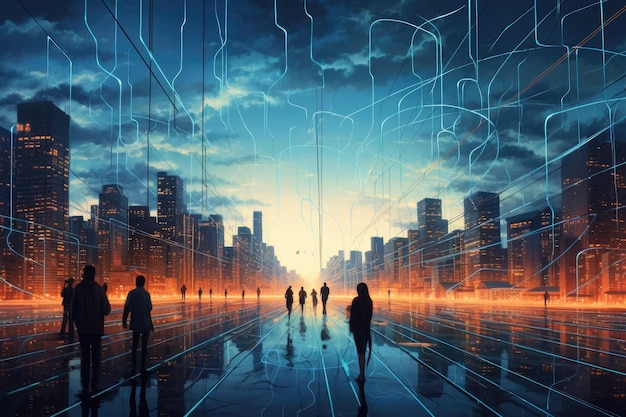 Un groupe diversifié d'individus marchant dans un paysage urbain animé sous le ciel nocturne. Une représentation surréaliste d'Internet comme un paysage urbain généré par l'IA.