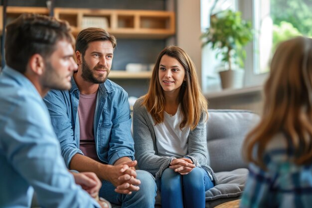 Un groupe diversifié d'individus s'assoit sur un canapé s'engage activement dans une conversation et partage des idées Session de thérapie de conseiller avec une famille générée par l'IA