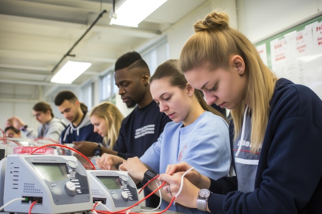 Un groupe diversifié d'individus se rassemblent autour d'une machine et regardent attentivement comme elle exécute sa tâche Des étudiants en formation médicale utilisant un moniteur de pression artérielle généré par l'IA