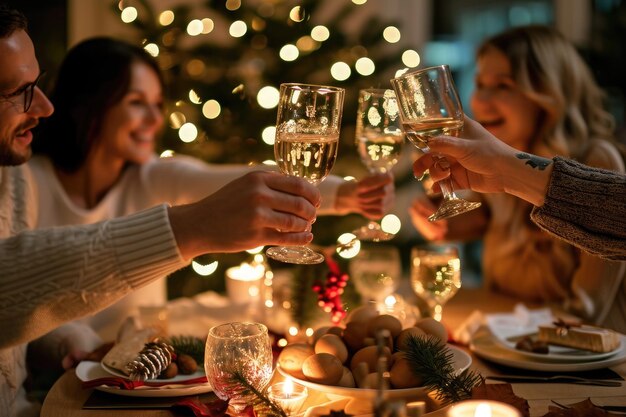 Photo un groupe diversifié d'individus soulevant des verres de vin pour célébrer et faire un toast ensemble une famille soulevant un verre dans un toast de vacances généré par l'ia
