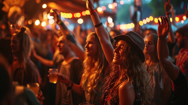 Un groupe diversifié de jeunes amis font la fête et lèvent les bras à un spectacle tout en dégustant des boissons et en portant des vêtements décontractés