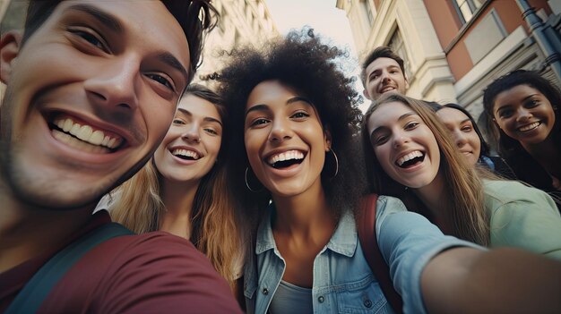 Un groupe diversifié de jeunes amis heureux qui s'amusent.