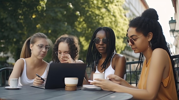 Groupe diversifié de jeunes amis rieurs en vêtements de sport regardant des photos sur un téléphone portable autour d'un café dans un café après leur séance d'entraînement en salle de sport ai générative