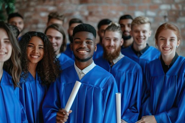 Photo un groupe diversifié de jeunes gens joyeux portant des robes de fin d'études bleues se tiennent à l'intérieur dans une rangée et regardent joyeusement à la caméra avec des diplômes dans les mains portrait d'étudiants diplômés heureux