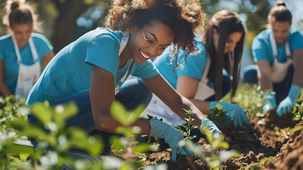 Un groupe diversifié de jeunes plantant des arbres dans un champ vert