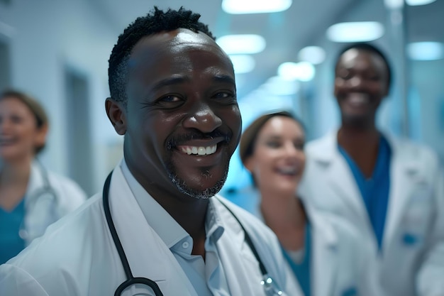 Photo un groupe diversifié de médecins et de femmes souriants dans le couloir de l'hôpital concept docteurs diversité hôpital profession médicale souriante