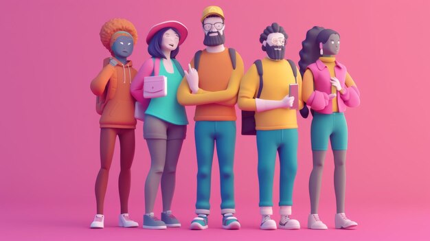 Un groupe diversifié de personnages animés sur fond rose