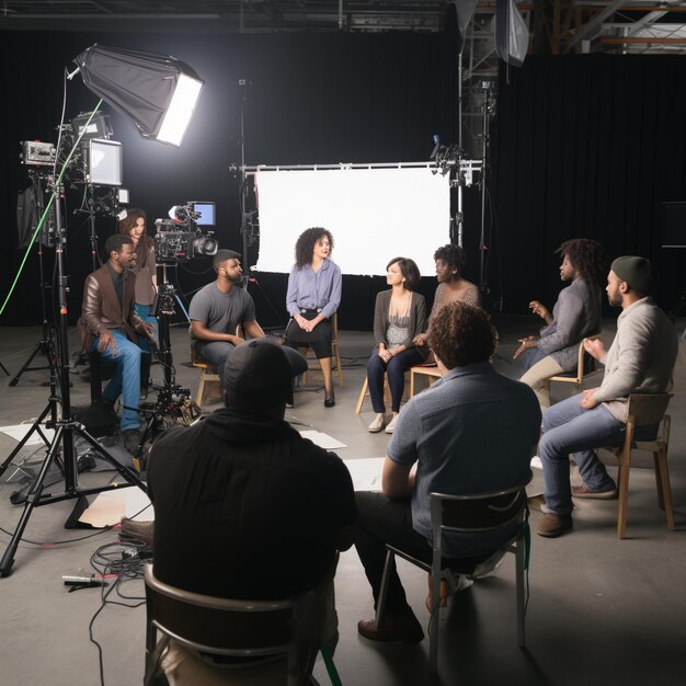 Groupe diversifié de personnes ayant une discussion dans un studio