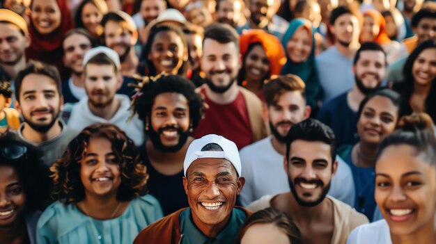 Un groupe diversifié de personnes de différentes cultures et ethnies sont rassemblées et sourient à la caméra.