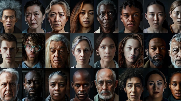 Un groupe diversifié de personnes de différents âges, races et ethnies, les gens regardent tous la caméra avec des expressions sérieuses.