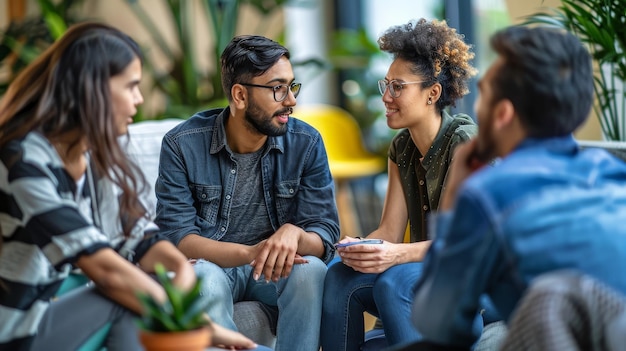 Un groupe diversifié de personnes engagées dans une conversation animée tout en étant assis sur un canapé confortable