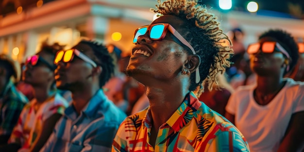 Photo un groupe diversifié de personnes portant des lunettes lumineuses est capturé dans un moment de joie et d'étonnement lors d'un événement nocturne leurs visages baignés dans des lumières colorées vibrantes