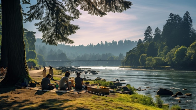 Un groupe diversifié de personnes se détend sur la rive de la rivière en bavardant et en appréciant l'atmosphère paisible.