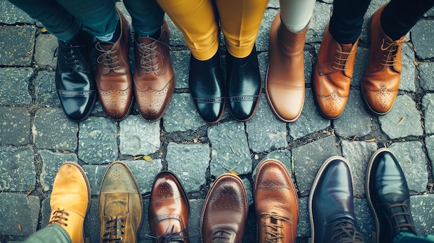 Un groupe diversifié de personnes se tiennent épaule à épaule montrant leur personnalité unique à travers leurs chaussures colorées