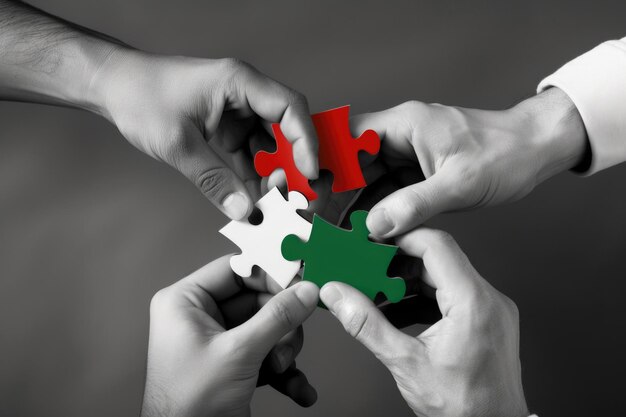 Un groupe diversifié de personnes travaillant ensemble pour résoudre un puzzle, chacune apportant ses compétences et ses perspectives uniques.