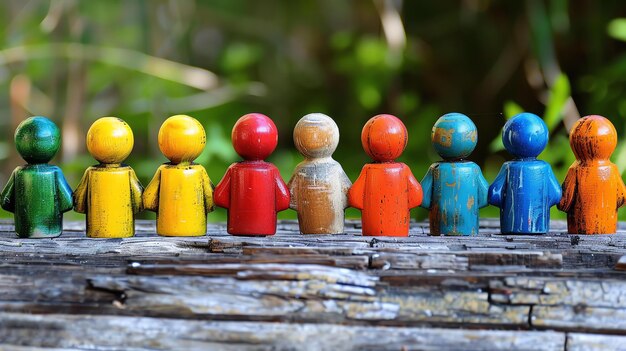 Photo un groupe diversifié de poupées en bois se tiennent en rangée sur une surface en bois. les poupées sont peintes en couleurs vives et ont des visages simples et amicaux.