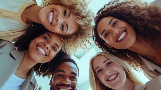 un groupe diversifié de professionnels rassemblés, rayonnant de bonheur et de camaraderie.