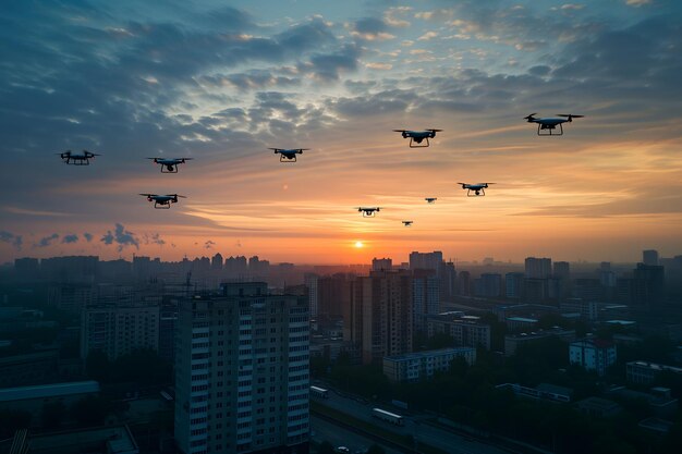 Un groupe de drones au-dessus de la ville un matin d'été.