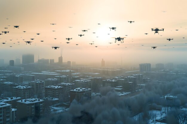 Photo un groupe de drones au-dessus de la ville un matin d'été.