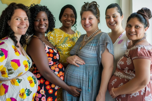 Un groupe dynamique de futures mères, chacune de différentes origines culturelles, se réunit au cours du troisième trimestre pour partager le sourire et la solidarité.