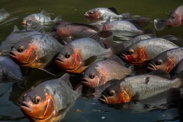 groupe d'écoles de poissons piranhas tropicaux prédateurs Faune exotique d'eau douce de l'Amazonie générée par l'IA